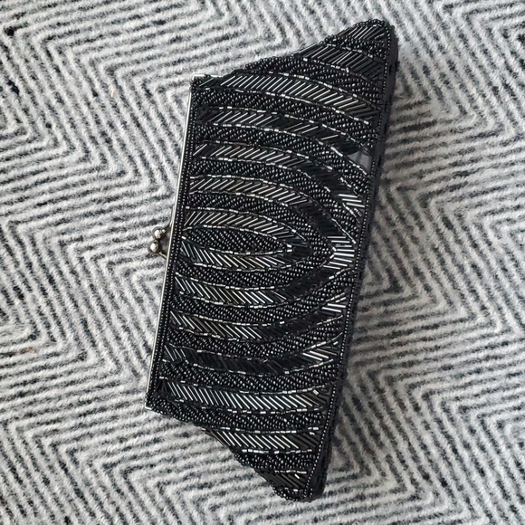 Vintage Handbags - Vintage Black Beaded Purse – Art Deco 1920s Style Mini Evening Bag